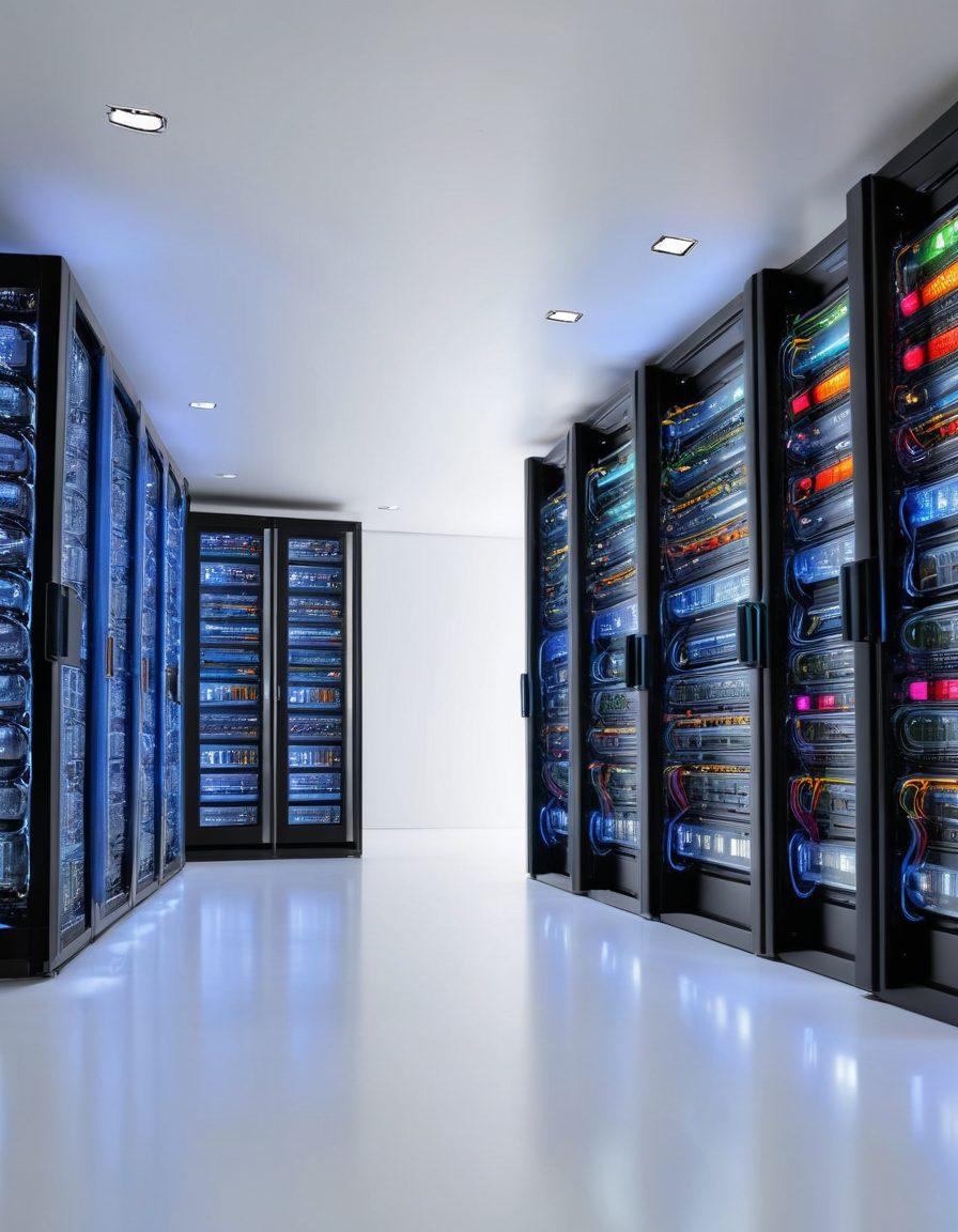 A futuristic data center with vibrant LED lights, with servers smoothly transitioning data streams to a global network. Highlight a professional team orchestrating the seamless deployment on high-tech screens, showcasing dashboards and metrics. Digital elements like gears, smooth waves, and interconnected grids symbolize fluidity and efficiency. super-realistic. vibrant colors. white background.