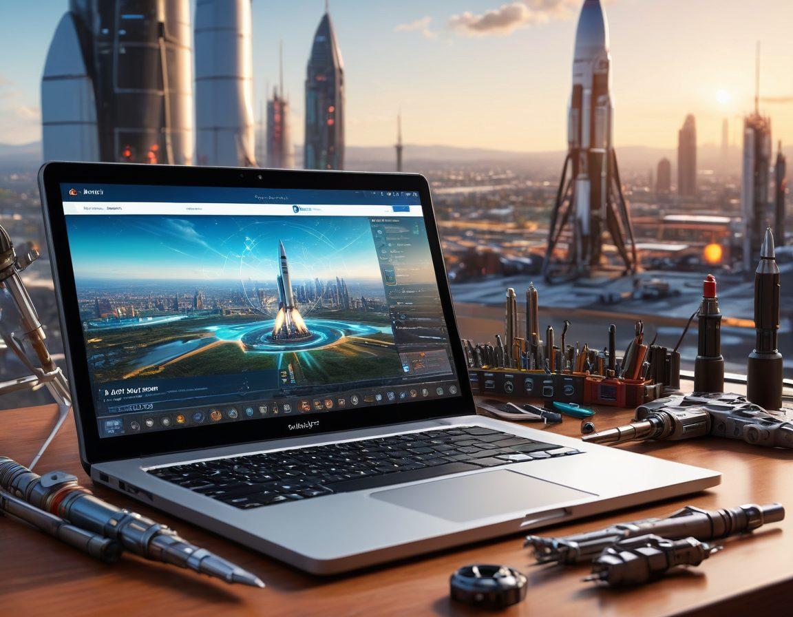 A dynamic scene of a high-tech launch pad with a rocket labeled 'Web App' taking off, surrounded by tools like a wrench, gears, and a laptop displaying code. Expert hands adjusting the rocket’s controls emphasize best practices. Futuristic cityscape in the background. super-realistic. vibrant colors.