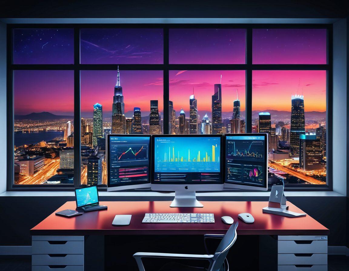 An ultra-modern workspace with a sleek computer showing a vibrant, colorful web dashboard. Surrounding the computer are various elegant icons labeled 'Services', 'Digital', 'Launch', 'Platforms', each glowing softly. In the background, a cityscape can be seen through large windows, symbolizing global connectivity. Vector art. Vibrant colors.